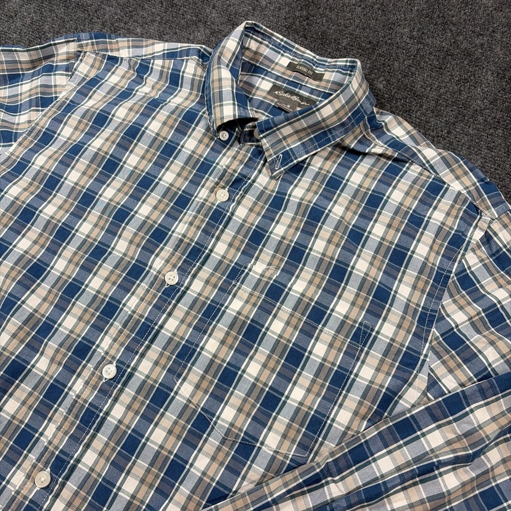 Eddie Bauer Shirt Men's M Blue Plaid Long Sleeve Button Up Classic Fit 0565